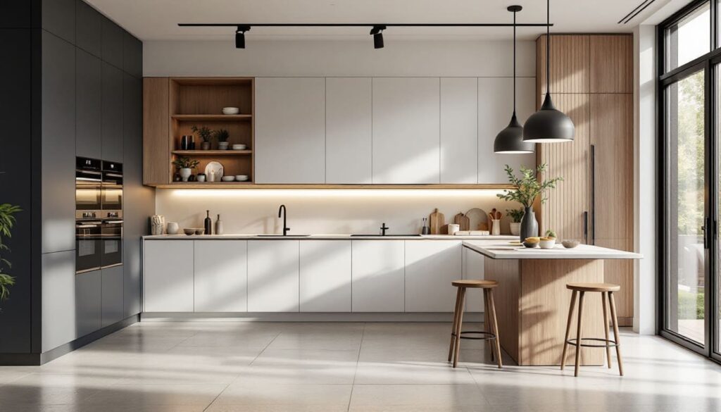 cocina moderna con isla en tonos neutros y luz natural